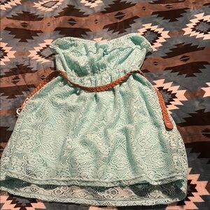 Mint Green Lace Strapless Dress with Tan Belt